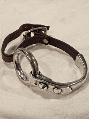 NUMERO 3 BY CICLON Heavy Silver Half Cuff Hook Leather Bracelet 41.4g